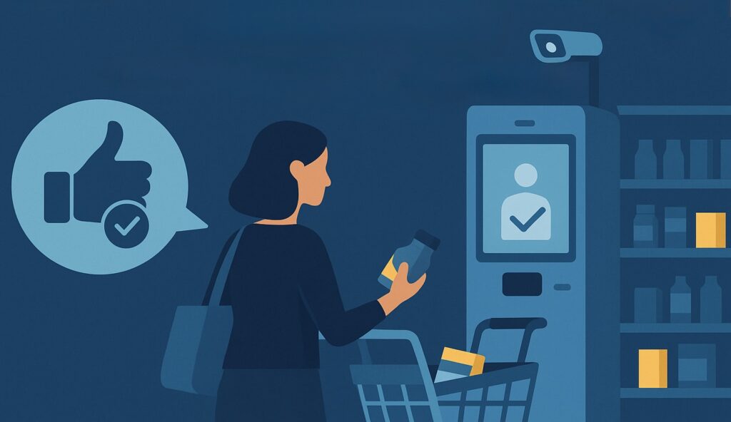 Illustration einer Frau, die in einem automatisierten Supermarkt an einer Self-Checkout-Station einkauft, umgeben von Regalen und Überwachungstechnologie.