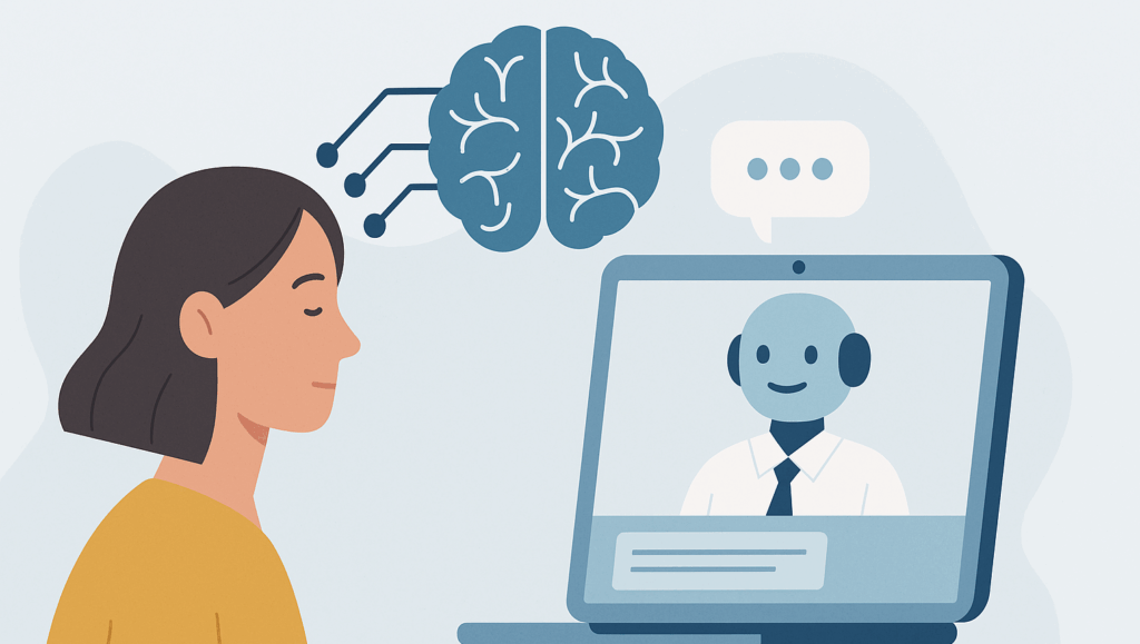 Illustration zur Automatisierung in der Psychotherapie – Mensch im Gespräch mit digitalem KI-System