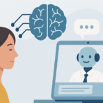 Illustration zur Automatisierung in der Psychotherapie – Mensch im Gespräch mit digitalem KI-System