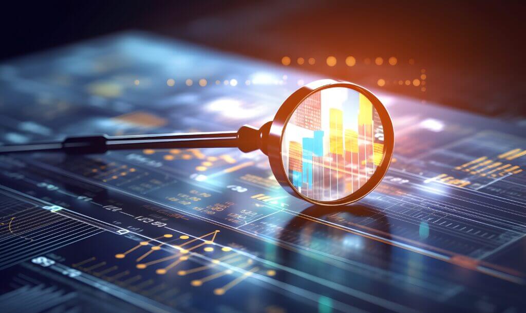 Lupe über Diagrammen als Symbol für datenbasierte Arbeitszeitanalyse und Bewertung der Datenqualität.