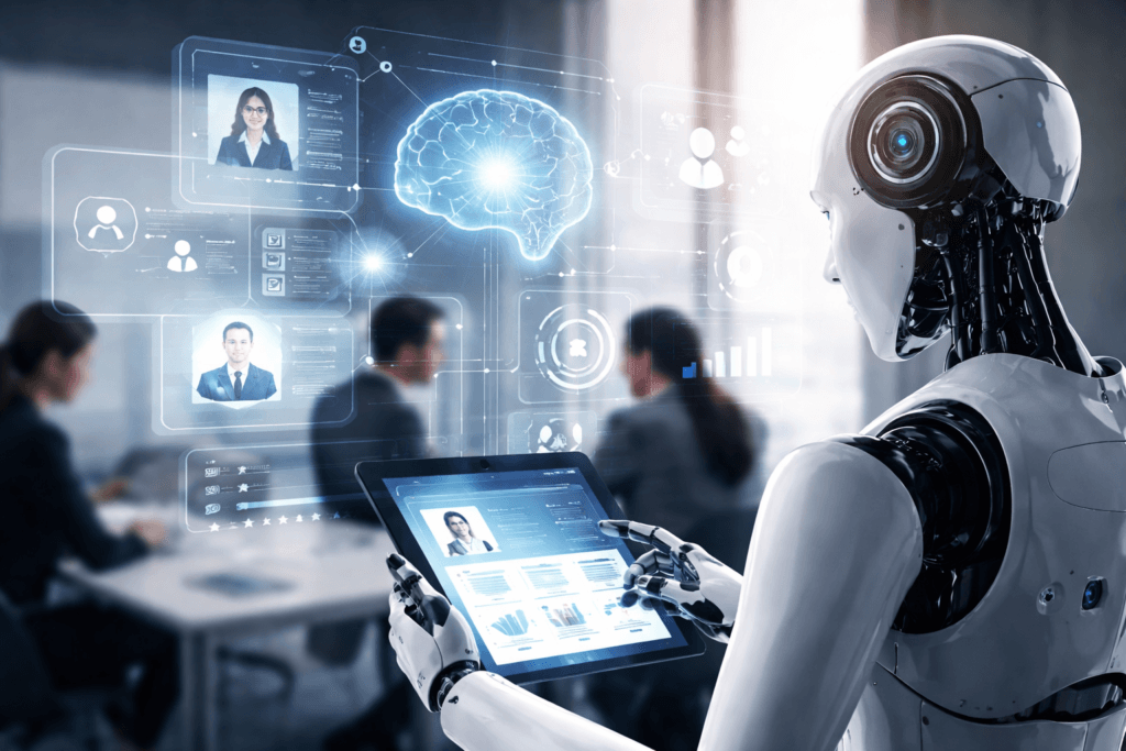 Humanoider Roboter analysiert digitale Bewerberprofile und Datenvisualisierungen auf einem Tablet, während im Hintergrund HR-Mitarbeitende in einem Büro arbeiten; symbolisiert KI-gestützte Personalauswahl und automatisierte Recruiting-Prozesse.