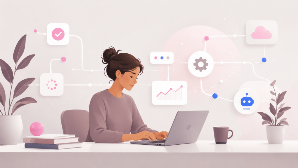 Person arbeitet konzentriert am Laptop, während automatisierte Prozesse im Hintergrund fokussiertes Arbeiten unterstützen.