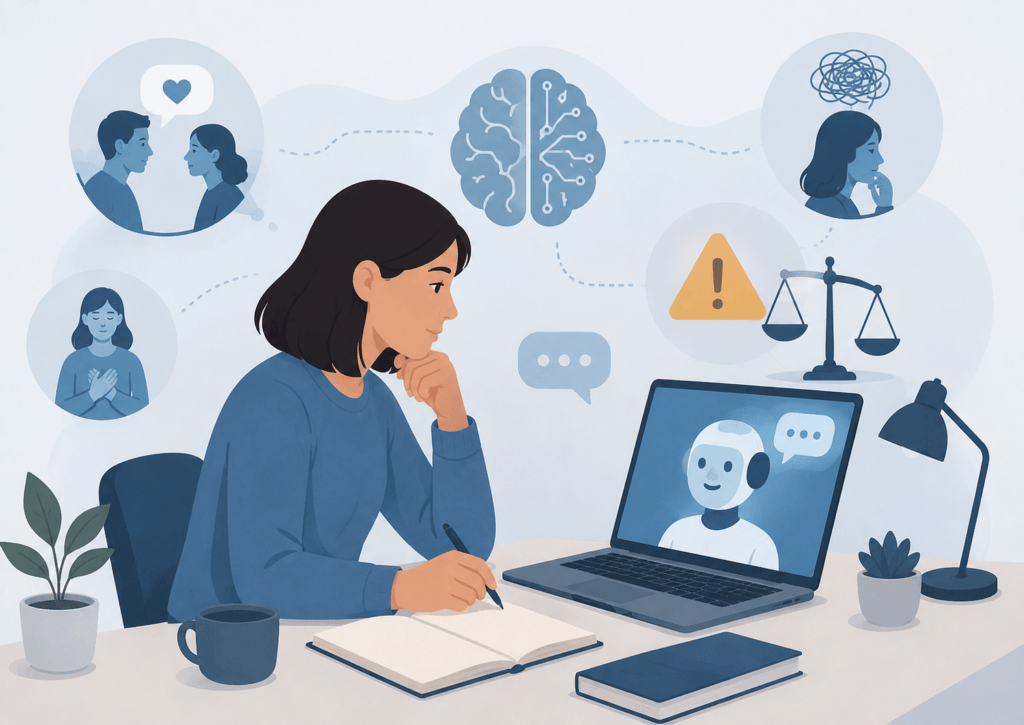 Illustration einer Person im Gespräch mit KI, umgeben von Symbolen für Konflikte, Gesundheit und kritische Reflexion.